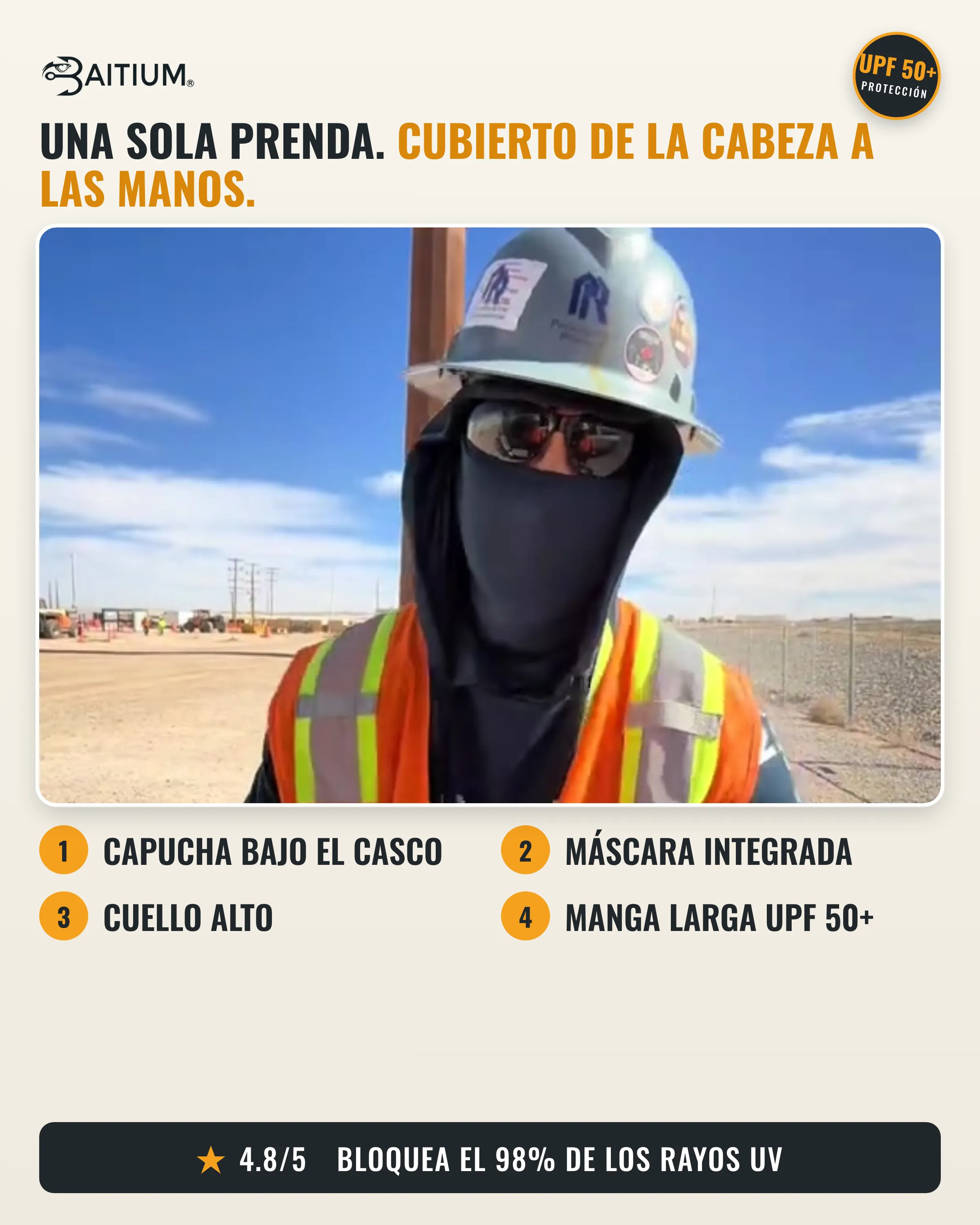 Una sola prenda — capucha bajo el casco, máscara integrada, cuello alto y manga larga UPF 50+
