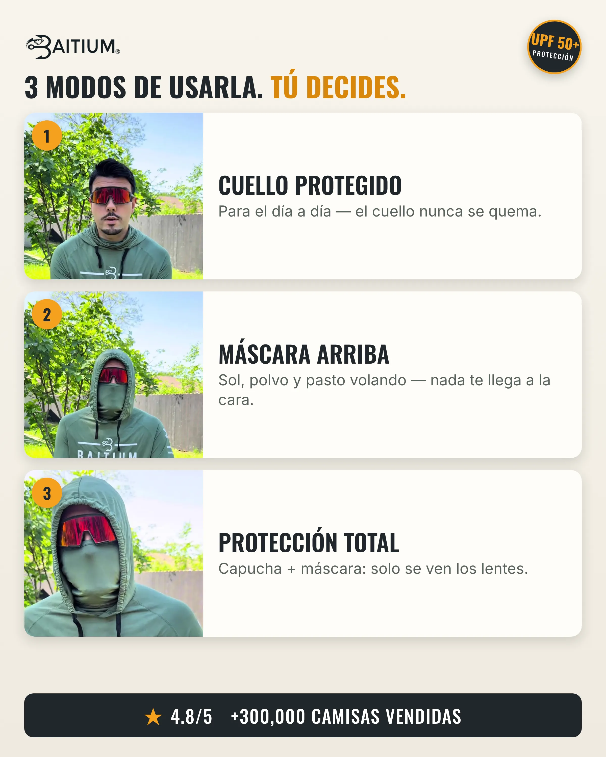 3 modos de usarla: cuello protegido, máscara arriba, protección total