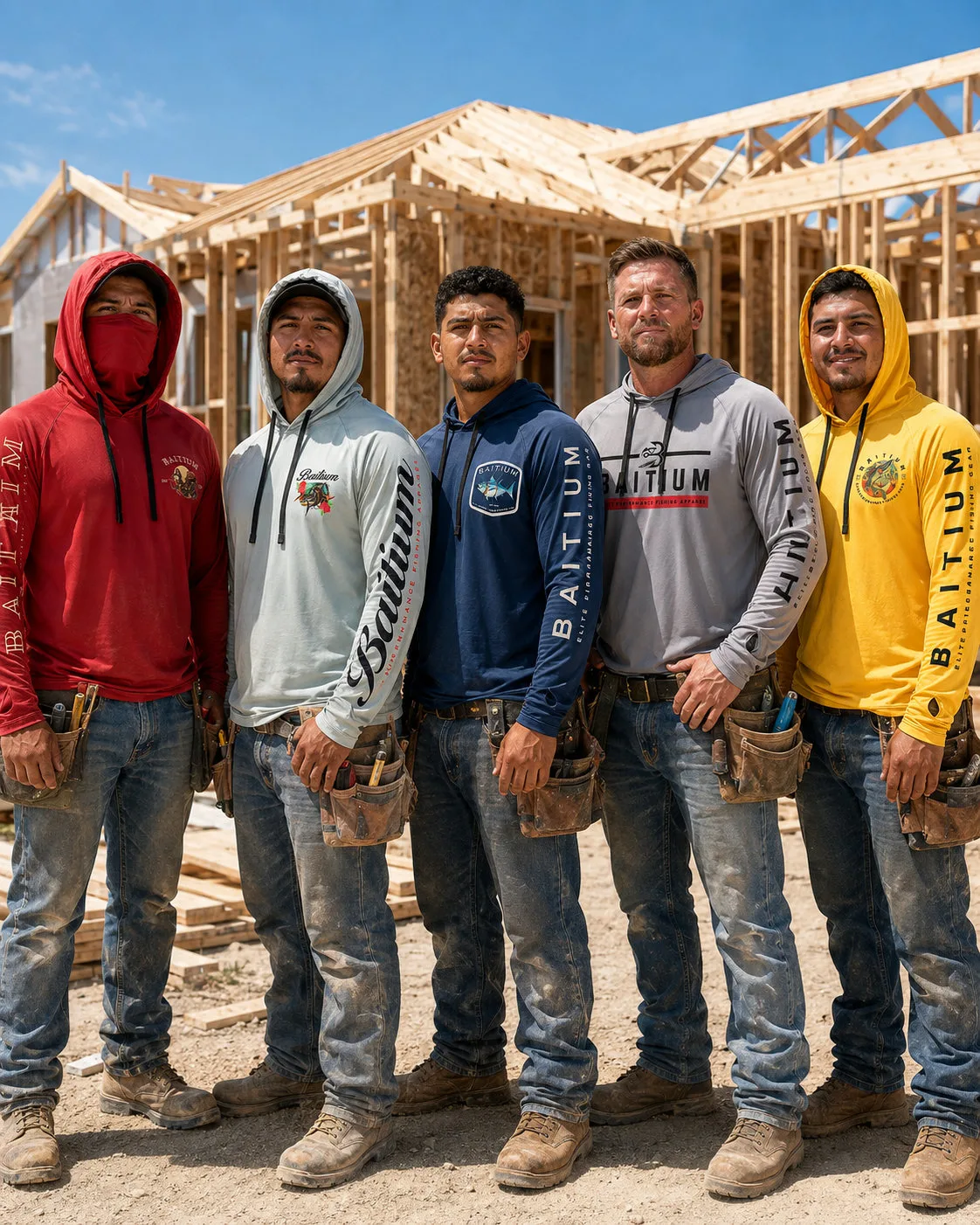 Cuadrilla de construcción con camisas Baitium UPF 50+ en varios colores